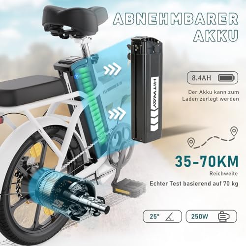 HITWAY Bicicleta eléctrica Ebike Bicicletas urbanas Plegables, batería de 36V12Ah/36V8,4Ah, Motor de 250W, Alcance hasta 35-70km Amazon.es: Deportes y aire libre - Imagen 2