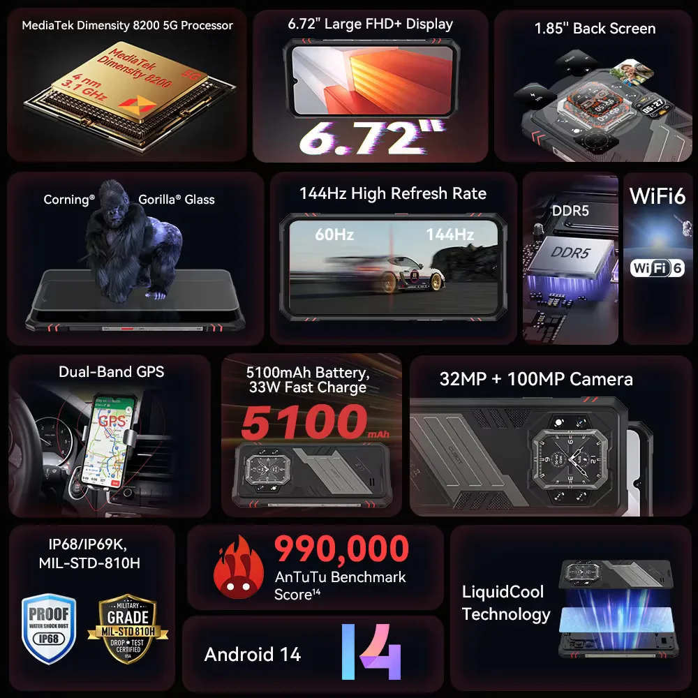 Cubot KingKong Star 2 Ultra-Slim 5G Rugged Smartphone 24GB RAM(12+12GB)+256GB ROM 4nm MTK D8200 6.72-inch 144Hz Large Display - Imagen 2